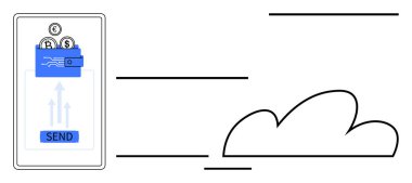 Dijital cüzdanlı akıllı telefon para, para birimi sembolleri ve bulut simgesi gönderiyor. Fintech, mobil bankacılık, küresel ödeme, dijital işlemler, e-ticaret, hızlı servis dairesi için ideal