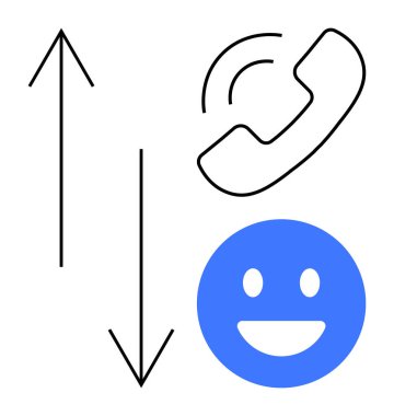Yukarı aşağı uzanan siyah oklar, bir telefon ahizesi ve mavi mutlu bir yüz. İletişim, müşteri hizmetleri, geri bildirim, ağ oluşturma, çağrı merkezi, bağlantı sade iniş sayfası için ideal