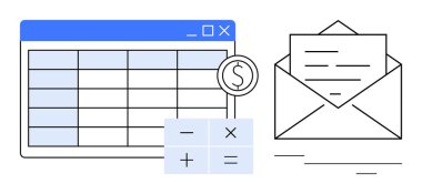 Veri şebekesi tablosu, matematik işlemleri için hesap makinesi, parasal sembol ve yazışma için bir zarf. Finans, bütçe, muhasebe, iletişim, raporlama planlaması için ideal