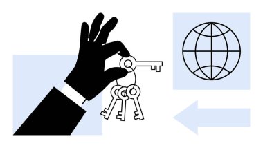 Siyah el odak noktasında, mavi ok giriş kavramlarını vurgulayan bir küreyi işaret ediyor. Güvenlik için ideal, küresel ulaşım, çözüm, iş büyümesi, fırsat, strateji, basit düz metafor