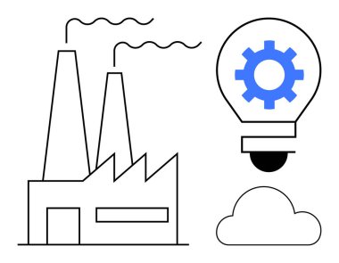 Duman yayan fabrika, içinde yeniliği sembolize eden ekipman bulunan ampul, altında bulut. Endüstriyel evrim, yenilik, üretim büyümesi, teknoloji ilerlemesi ve enerji çözümleri için ideal