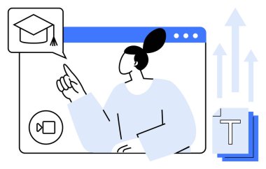 Eğitimci web tarayıcı penceresindeki mezuniyet kapağı simgesini işaret ediyor. Metin belgeleri, video simgesi ve yukarı bakan oklar mevcut. Çevrimiçi eğitim, sanal eğitim, e-öğrenme, uzaktan eğitim için ideal