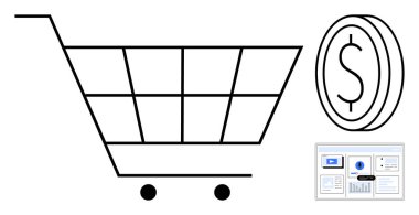 Finansal işlemleri temsil eden bir dolar ve online alışveriş öneren dijital arayüzün yanında büyük bir alışveriş arabası. E-ticaret, dijital pazarlama, perakende, finans, iş için ideal