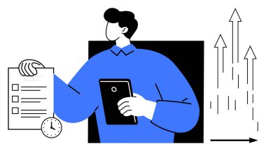 Profesyonel bir kontrol listesi ve tablet, zaman yönetimi, görev öncelikleri ve iş ilerlemesini sembolize ediyor. Üretkenlik, organizasyon, zaman izleme, liderlik, verimlilik için ideal