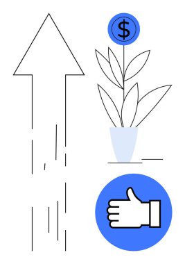 Mavi ok yükseliyor, dolar işaretli saksı bitkisi, baş parmak ikonu. Büyüme, başarı, finans, yatırım, başarı, ilerleme motivasyonu için ideal basit bir iniş sayfası