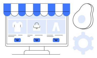 Bilgisayar monitöründe giysi ve alışveriş arabası ikonlarının bulunduğu bir e-ticaret mağazası var, teçhizat ve soyut şekillerle çevrili. İş, perakende, moda, e-ticaret, pazar yerleri için ideal