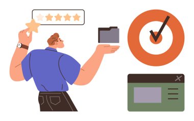 Yıldız ve dizin tutan adam, hedef işaretli ve web tarayıcı parçacığıyla çevrili. Üretkenlik, geri bildirim, organizasyon, başarı, değerlendirme, dijital araçlar, basit düz metafor