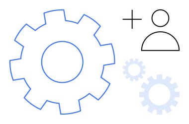 Takım çalışmasını, işbirliğini, bütünleşmeyi ve yeniliği sembolize eden artı işaretli dişli ve kullanıcı profili. İş, verimlilik, yönetim, teknoloji beyin fırtınası ortaklığı için ideal