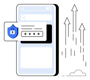 Şifre giriş alanı olan cep telefonu, veri koruması için güvenlik kalkanı simgesi. Oklar büyümeyi ve ilerlemeyi simgeler. Siber güvenlik, veri güvenliği, teknoloji, iş, kalkınma için ideal