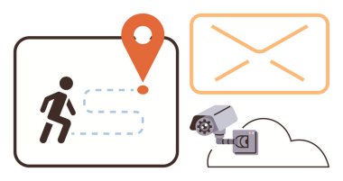 GPS şifreli kişi yolu, güvenlik kamerası görüntüleme sunucusu, iletişim için zarf. Gizlilik, gözetleme, e-posta güvenliği, navigasyon, izleme, teknoloji uzaktan izleme için ideal