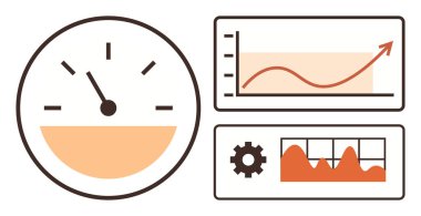 Hız göstergesi, yükselen çizgi grafiği ve çubuk grafikli teçhizat performans, ilerleme ve analiz. Analiz, ölçüm, büyüme stratejisi raporlama değerlendirmesi için ideal. Basit.