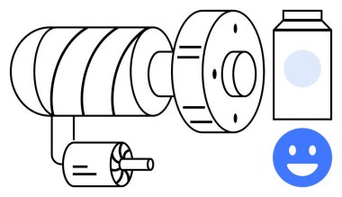 Bağlı motor sistemi, kullanım konteynırı ve neşeli yüz simgesi olan endüstriyel vida kompresörü. Üretim, teknoloji, mühendislik, makine, enerji, fabrika işletmeleri için ideal