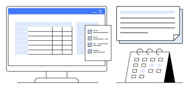Veri tablosu, görev kontrol listesi, takvim ve belgeyi gösteren masaüstü ekranı. Üretkenlik, organizasyon, takım çalışması, planlama, proje yönetimi verimliliği için idealdir.