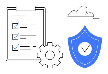 Araç gereç ve kalkanın yanında bir bulut görüntüsünün altında işaretli kontrol listesi. Üretkenlik, güvenlik, görev planlaması, iş akışı optimizasyonu, uyum, veri koruması, güvenilirlik için ideal. Basit bir daire.