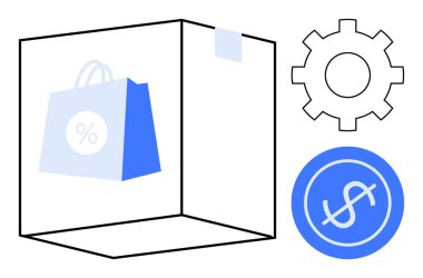 Teslimat kutusu indirimli alışveriş çantası, teçhizat ve para ile eşleştirildi. E-ticaret, çevrimiçi alışveriş, lojistik, satış pazarlaması, finansal büyüme için ideal teknoloji sistemleri basit düz metafor