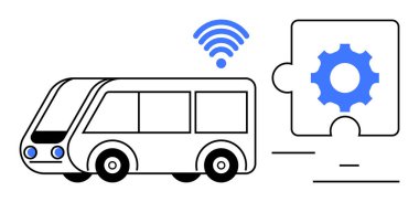 Üstünde kablosuz sinyal olan modern bir otobüs, üzerinde vites simgesi olan bir yapboz parçasının yanında. Ulaşım, yenilik, akıllı şehir, teknoloji, loto, otomasyon, basit iniş sayfası için ideal