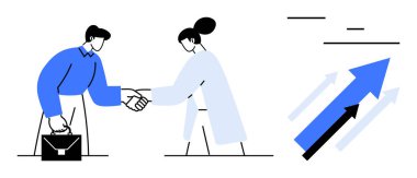 El sıkışan iki profesyonel, el çantası, işbirliğini sembolize ediyor. Mavi ve siyah oklar hızla yükselirler, büyümeyi, ortaklığı, iş başarısını ve takım çalışmasını vurgularlar. Şirket için ideal.