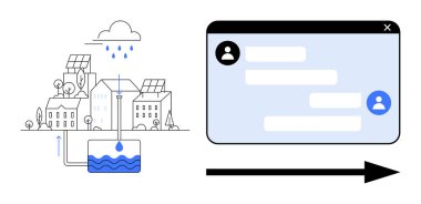 İş birliği için güneş enerjili binalar, depolama tankı ve dijital sohbet arayüzü olan şehir yağmur suyu hasat sistemi. Sürdürülebilirlik, teknoloji, iletişim ve çevre dostu tasarım için ideal