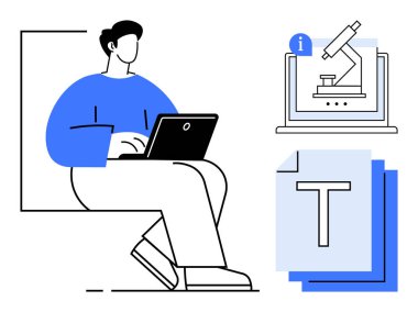 Dizüstü bilgisayarı olan biri dizüstü bilgisayar ekranında ve belge ikonunda bilimsel aletin yanında oturuyor. Teknoloji, eğitim, araştırma, analiz, öğrenme kaynakları, bilim projeleri ve basit iniş için ideal