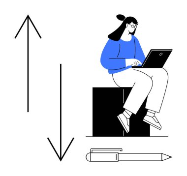 Bir blokta dizüstü bilgisayar kullanan bir kadın yukarı ve aşağı ok ve kalemin yanında oturuyor. Üretkenlik, uzaktan çalışma, karar verme, büyüme, zorluklar, hedef belirleme stratejisi için idealdir. Basit düz