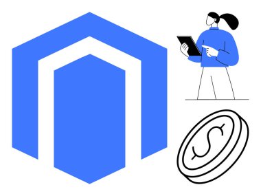 Mavili büyük ekommerce logosu, elinde tablet olan bir kadın, ödemeyi simgeleyen bozuk para çizimi. Çevrimiçi mağaza, ecommerce, ödeme kapısı, dijital finans, alışveriş deneyimi, iş geliştirme için ideal