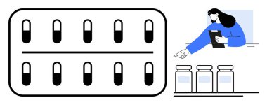 Kapsüllü su toplayıcısı, elinde reçeteli şişelere bakan eczacı. Sağlık hizmetleri, eczane, ilaç, reçete, ilaç, rehber, basit iniş sayfası için ideal