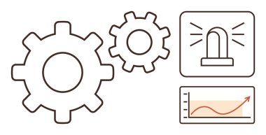 Birbirine bağlı mekanik vitesler, uyarı ışığı ve yukarı doğru büyüme grafiği. Takım çalışması, verimlilik, verimlilik, problem çözme, yenilik sistemi yönetimi ve geliştirme için ideal. Basit.