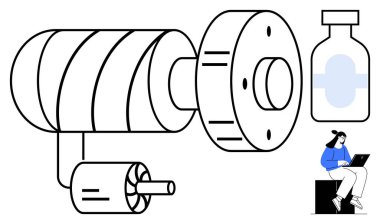 Motor, ilaç şişesi ve dizüstü bilgisayarı olan büyük bir mekanik parçası. Teknoloji, mühendislik, sağlık, yenilik, ilaç araştırma endüstrisi iş akışı kavramları için idealdir. Basit düz