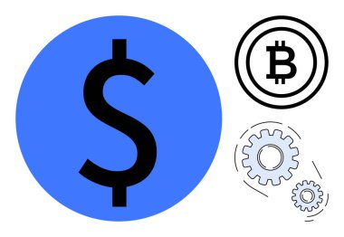 Dolar işaretli mavi daire, bitcoin logosu, ve birbirine kenetlenmiş vitesler finansal sistemleri, dijital para birimini, fintech 'i ve yenilikleri gösteriyor. Engelleme zinciri, yatırım ve ekonomi ticareti için ideal
