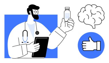 Nöroloji, refah, tıbbi araştırma, karar verme, akıl sağlığı ve sağlık çözümlerini vurgulayan ikonlu ilaç şişesi ve tablet tutan doktor. İdeal