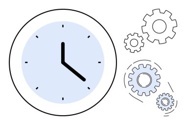 Birbirine bağlı dişlilerin yanında cesur elleri olan analog saat. Zaman yönetimi, verimlilik, verimlilik, planlama, strateji, iş akışı, optimizasyon için ideal. Temiz ve basit düz metafor