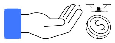 Cömertliği, finansmanı, eşitliği, adaleti, bütçeyi, hayırseverliği ve karar vermeyi temsil eden bir madeni paranın ve dengeli bir terazinin yanında elini aç. Konseptler için ideal eşitliği, mali yardımı veya