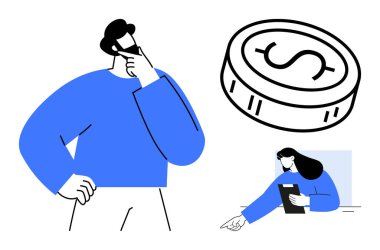 Düşünceli adam para kararlarını değerlendiriyor, kadın panoyu tutuyor, dolar işaretli büyük para, finans için ideal, karar verme, bütçe planlaması, yatırımlar, iş, strateji sade iniş.