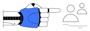 Mavi robot el, insan-robot işbirliğini, karar verme mekanizmasını, yeniliği, teknolojik ilerlemeyi, yapay zeka entegrasyonunu, takım çalışmasını, gelecekteki potansiyeli vurgulayarak, en az insan figürlerini işaret ediyor. A