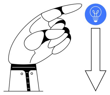 Eğik bir ok ve mavi ampul ikonu ile aşağı doğru bakan el, yönü, yeniliği, karar verme mekanizmasını, yaratıcılığı, rehberliği, problem çözmeyi ve basit iniş sayfasını sembolize eder.