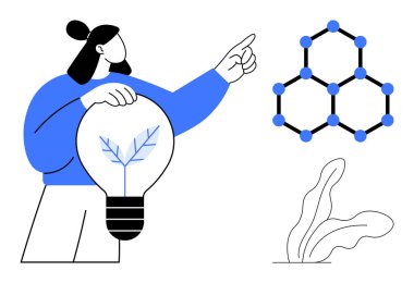 İçinde bitki filizi olan ampulü tutan kadın, moleküler yapıyı işaret ediyor, yakınlarda stilize yapraklar var. Yenilik, sürdürülebilirlik, bilim, büyüme, ekoloji ve yenilenebilir enerji için ideal