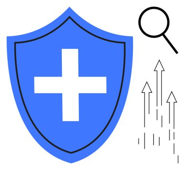 Mavi kalkan güvenliği simgeliyor, beyaz haç sağlık için, büyüteç analizi temsil ediyor ve oklar ilerlemeyi simgeliyor. Güvenlik, sağlık, araştırma, büyüme ve geliştirme için ideal başarı