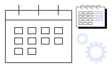 Daha küçük takvim ve dişli simgelerine sahip büyük takvim çizelgesi takvim planlamasını, görev optimizasyonunu, iş organizasyonunu sembolize eder. Üretkenlik, iş akışı, zamanlama, yönetim, strateji için ideal