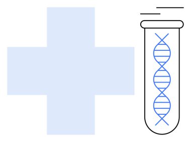 İçinde DNA sarmalı olan bir test tüpünün yanında mavi tıbbi haç var. Sağlık, genetik, biyoteknoloji, araştırma, bilim, yenilik ve tıp için idealdir. Basit düz metafor
