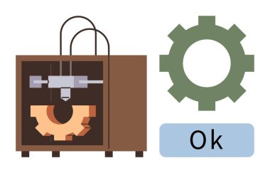 Üç boyutlu yazıcı detaylı bir yazıcı, yeşil dişli simgesi başarılı yazdırma işlemini gösteriyor. Mühendislik, yenilik, teknoloji, imalat, kalite kontrol, hassas iş, basit