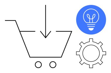 Aşağı doğru ok, dişli ve ampul taşıyan alışveriş arabası e-ticaret, yenilik ve iş çözümleri. Pazarlama, teknoloji, girişim ve alışveriş müşterileri için ideal yaratıcılık deneyimi