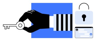 Siyah eldivenli el, güvenli bir asma kilit ve dijital giriş arayüzünün yanında bir anahtar tutuyor. Siber güvenlik, erişim kontrolü, mahremiyet, veri koruması, güvenli giriş, kimlik doğrulama, basit iniş için ideal