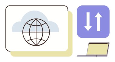 Bir bulut simgesinin içindeki dünya, veri değiş tokuşu okları, çevrimiçi erişim için laptop. Bulut hesaplama, ağ oluşturma, veri paylaşımı, küresel iletişim, teknoloji, internet erişimi dijital yenilik için ideal