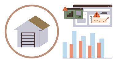 Ev simgesi, finansal tabelalarda uyarı işaretleri ve bar grafiği eğilimleri, riskleri ve fırsatları vurguluyor. Emlak, finans, risk analizi ve yatırım veri eğilimleri için ideal