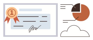 Çizelge ve bulutun yanına rozet ve imza, tanınmayı, başarıyı, verileri, eğitimi, başarıyı, sertifikayı, analitiği simgeliyor. E-öğrenim işi başarı ödülü için ideal