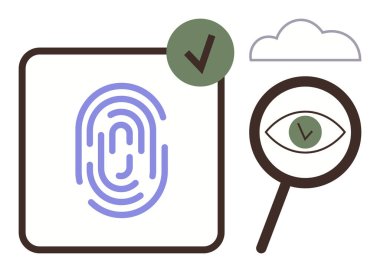 Doğrulama işaretli parmak izi taraması, lens altında işaretli büyütülmüş göz ve bulut. Güvenlik, erişim, kimlik, gizlilik, veri güvenliği biyometrisi dijital şifreleme için ideal. Basit.