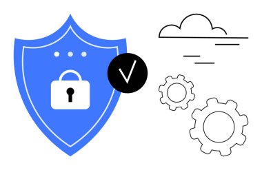 Güvenlik işaretli kalkanlara kilitlenin. İşlemler için dişlilere, bağlantı için bulutlara. Siber güvenlik, veri güvenliği, yazılım, ağ oluşturma, otomasyon, güvenilir iniş sayfası için ideal