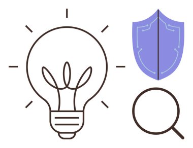 Ampul fikri, koruma kalkanı, keşif için büyüteç. Yenilik, güvenlik, araştırma, yaratıcılık, analiz problem çözme takım çalışması için idealdir. Basit düz metafor