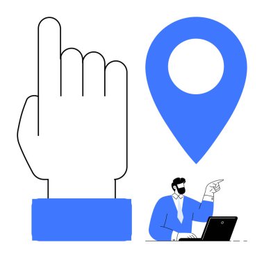 Büyük el işaretleri, mavi lokasyon sembolü, dizüstü bilgisayardaki profesyonel adam. İş, navigasyon, rehberlik, teknoloji ve uzaktan kumandalı iletişim için ideal. Temiz daire