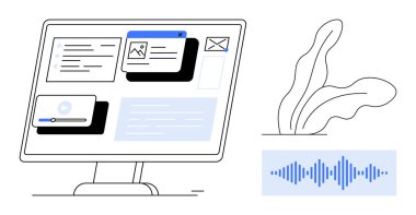 Çoklu ortam içeriğini, bildirimleri ve metni gösteren bilgisayar monitörü, ses dalgası ve soyut bitkinin yanı sıra. Teknoloji, web tasarımı, medya, iletişim, ses araçları için ideal dijital